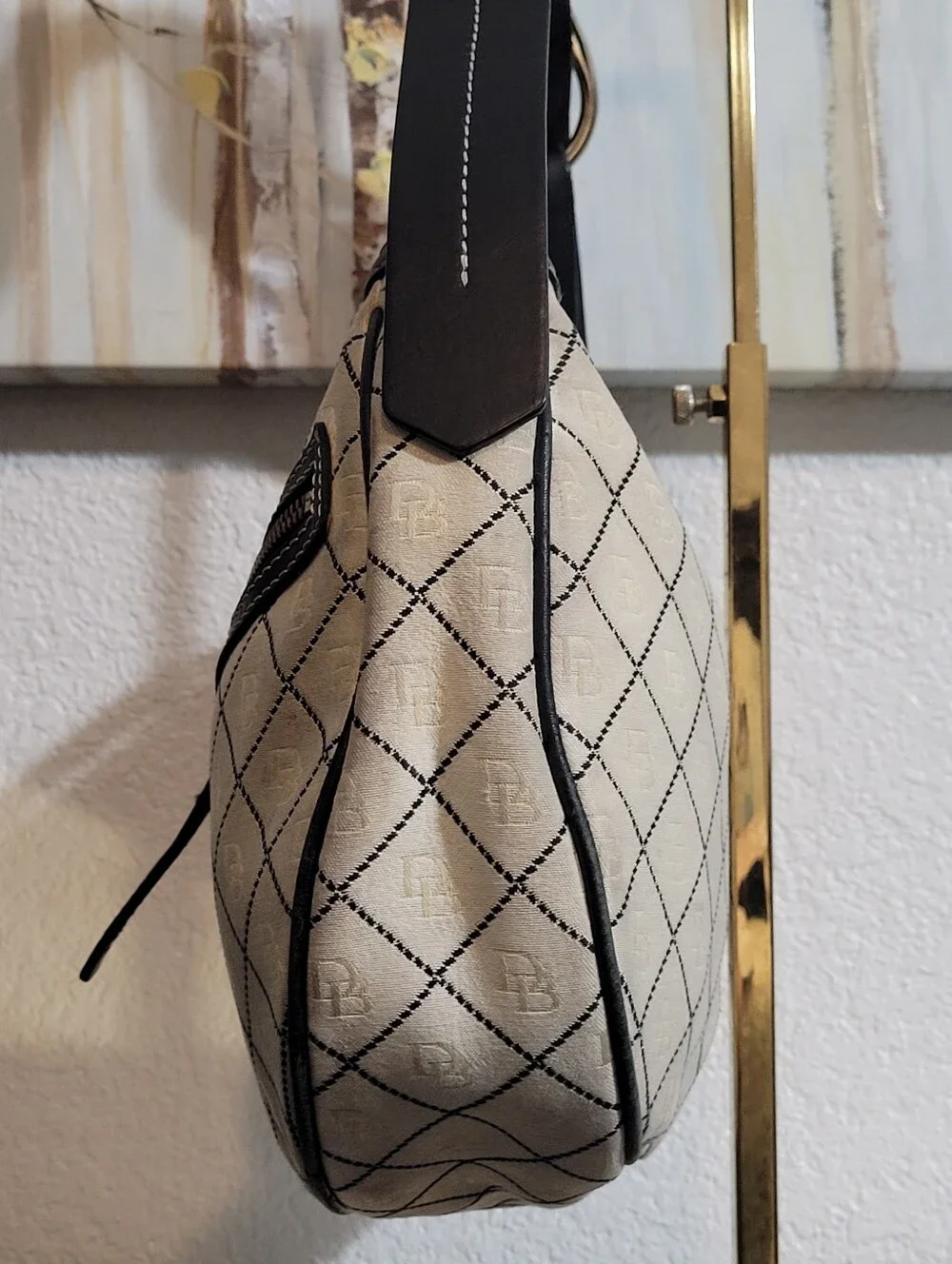 Dooney & Bourke Cream Black Canvas Monogram Hobo Shoulder Handbag